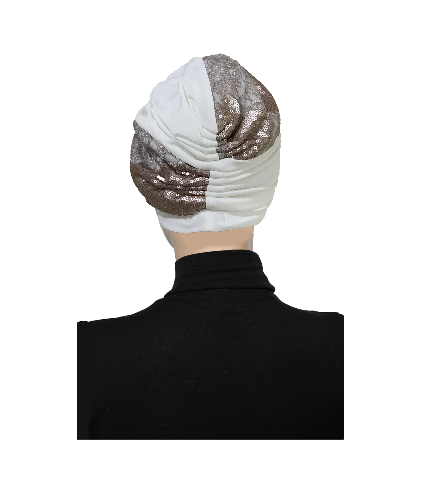 Özel Tasarım Ekru Üzeri Pudra Payet Ve Aplikeli Astarlı Hazır Türban Tesettür Abiye Bone Ekru3