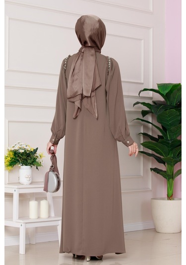 Omuzu Taş Detaylı Rose Elbise-vizon-4771 Vizon