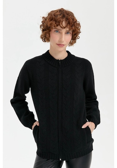 Desen Triko Kadın Dik Yaka Dikişsiz Önü Saç Örgülü Yün Hırka 24268 Siyah Siyah