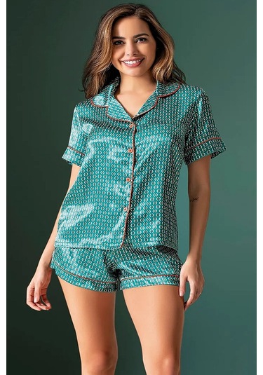 Loomerie 1600 Kadın Saten Kısa Kollu Şortlu Pijama Takımı-mavi Mavi