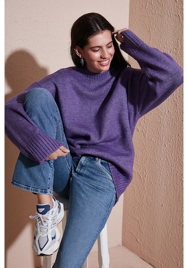 Lela Regular Fit Bisiklet Yaka Basic Triko Bayan Kazak 4616213 Mor