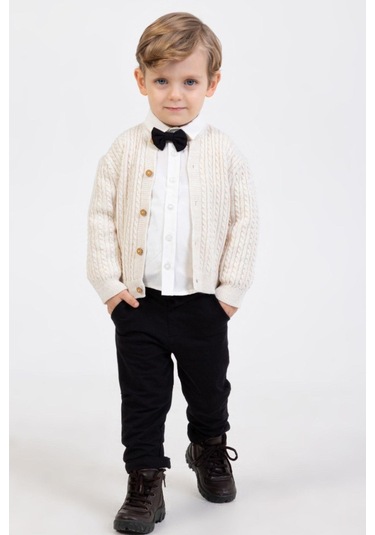 Erkek Bebek Triko Hırkalı Papyon Detaylı Takım Ekru