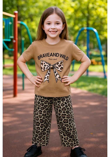 Kız Çocuk Yazlık İkili Takım Leopar Baskılı B46 Kahverengi