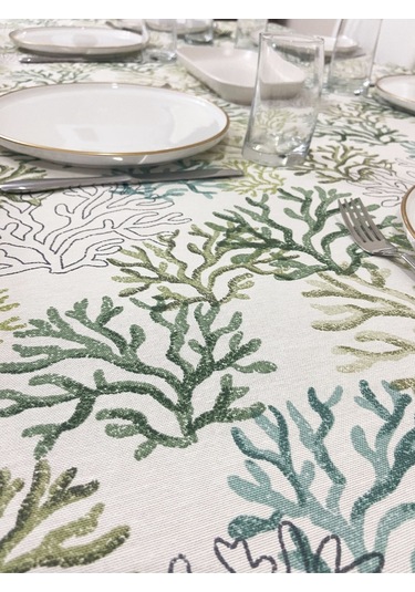 Sıvı Geçirmez Dertsiz Masa Örtüsü Yeşil Mercan Desenli
