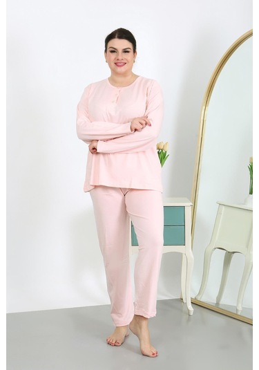 Akbeniz Kadın Büyük Beden Uzun Kol Penye Pijama Takımı Pembe 202501 Pembe