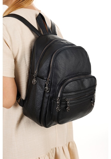 Newish Polo Kadın Deri Ayarlanabilir Askılı Omuz Ve Sırt Çantası New353 - Siyah