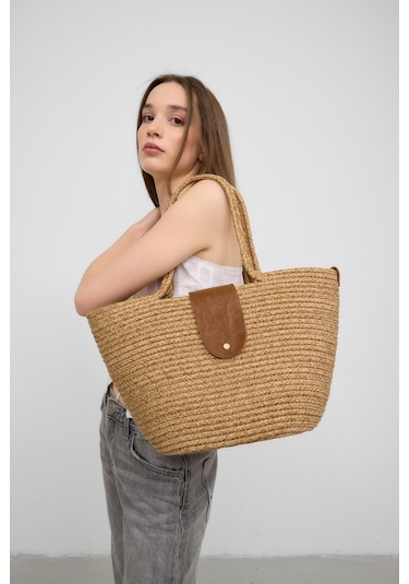 Shule Bags Duffy Kapaklı Handmade Hasır Tote Çanta Vizon Vizon