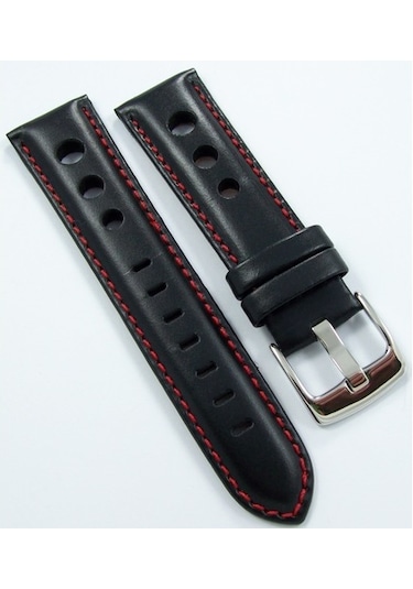 Bizon Siyah Deri Saat Kordonu 24Mm Kırmızı Dikişli Delikli Kayışı