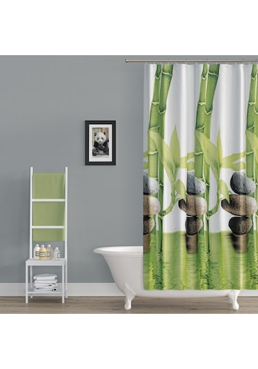 Banyo Perdesi Küf Tutmaz Duş Perdesi 180X200 Banyo Perdeleri Bamboo Desen Yeşil