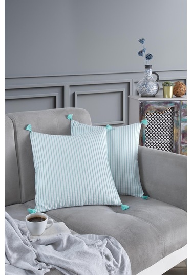 Maisonart Pompoms 2'li Dekoratif Kırlent Kılıfı Yastık Kılıfı %100 Pamuklu 44x44 Cm Mint