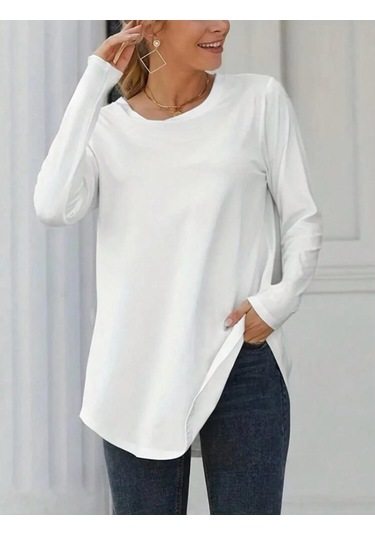 Pazarella Kadın Uzun Kollu Yuvarlak Yaka Salaş Iki Iplik Bluz Beyaz