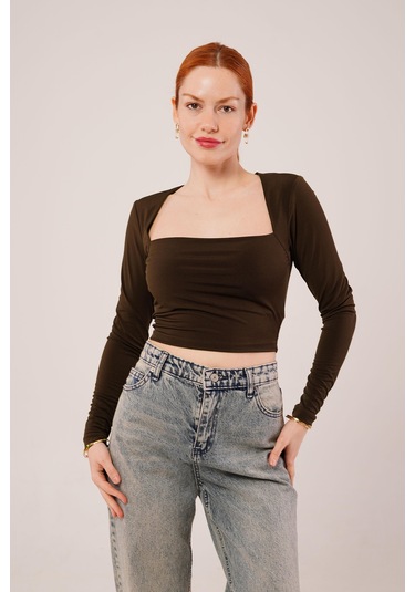 Gülsüm Aydın Kare Yaka Basic Kahverengi Bluz Kahverengi