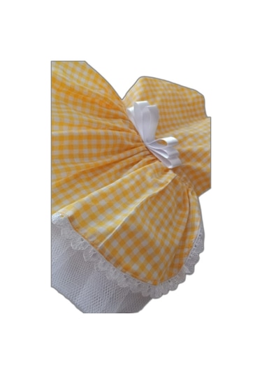 Sarı Beyaz Kareli Fiyonklu Kedi Köpek Kıyafeti Elbisesi Medium/m