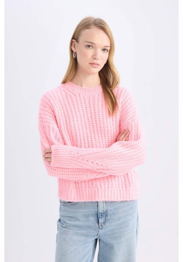 DeFacto Coool Oversize Geniş Kalıp Bisiklet Yaka Triko Kazak V1811AZ24CWPN450 Pembe