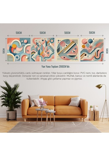 İskandinav Soyut Tablo Set Çerçevesiz 50x50cm Pvc Tablo 4'lü Set 012 Her Bir Tablo 50x50cm Büyüklüğündedir.