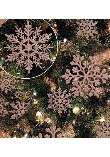 Ruicoo Noel Dekorasyonu: Beyaz Plastik Parlak Kar Taneleri, Gül Altın Rengi, 36 Adet, Ağaç Dekoru, Ev Dekoru