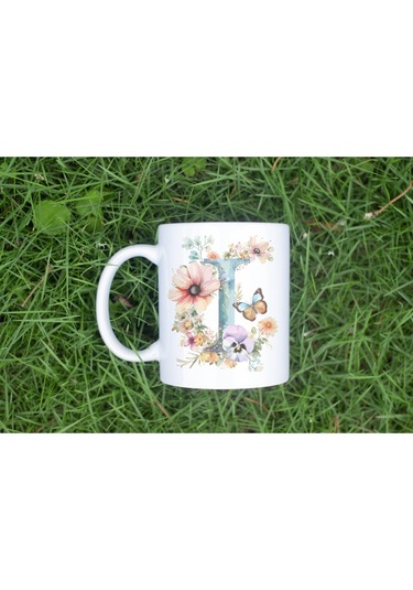 I Harfi Çiçekli Kupa Bardak - Soft Renk Çiçek Ve Kelebek Desenli Zarif Kahve Kupası - Bohem Beyaz