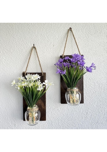 Led Işıklı, Lila Ve Beyaz Nergis Çiçekli Duvar Dekoru Ceviz İkili Set Ceviz