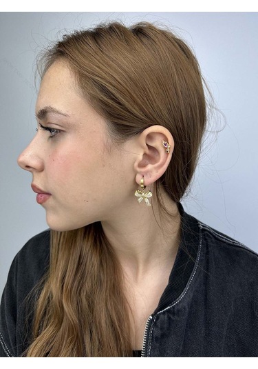 Zirkon Taşlı, Kurdela Figürlü, Paslanmaz Çelik Küpe, Altın Renk Altın