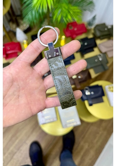 Premium Deri Ruhsat Kılıfı Ve Anahtarlık Seti Yeşil Motifli