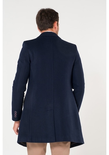 Erkek Kruvaze Lacivert Kışlık Slim Fit Kaşe Kaban-Lacivert