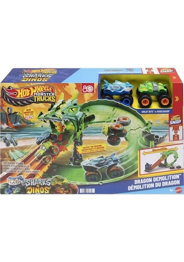 Hot Wheels Monster Trucks Sharks Vs Dinos Dragon Demolition Track Set Jfr06
