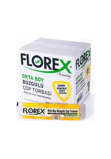 Florex 40 Litre Büzgülü Limon Kokulu Sarı Çöp Torbası Poşeti / 55 x 60 CM 10 x 25 Rulo / Koli