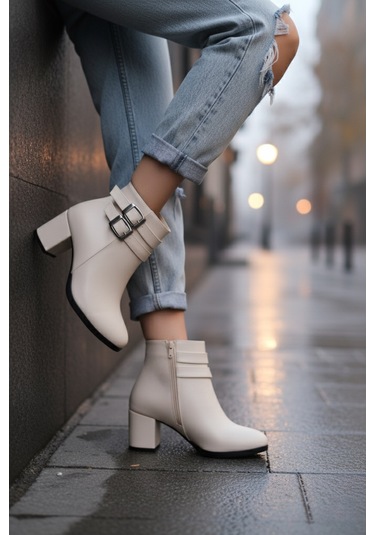 Kadın Hermina Çift Tokalı Kısa Bot Bej Deri