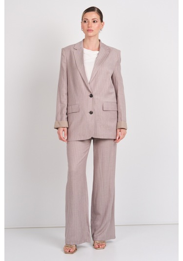 Ayhan Kadın Çizgili Düğmeli Keten Ceket 0860 Kahverengi Kahverengi