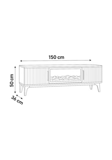 Rüya Dekoratif Şömineli Tv Sehpası Beyaz Gold Kulplu 2 Kapaklı Alev Efektli 150x50x36 CM