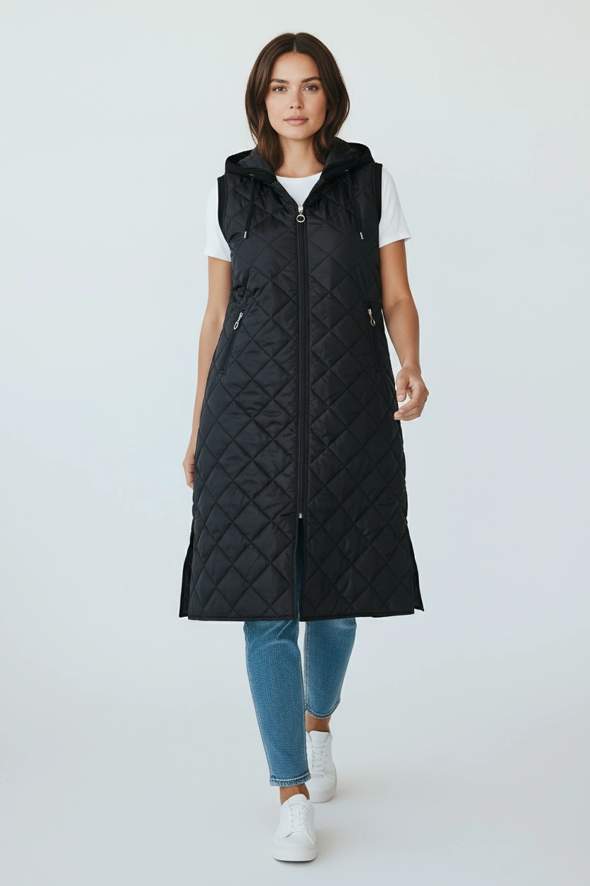 Kadın Önü Fermuarlı Yanlardan Cepli Kapüşonlu Kapitone Yelek Beyaz Siyah