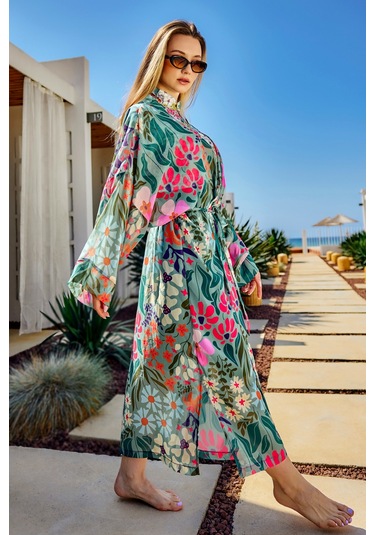 Remsa Tesettür Mayo Üzerine Tek Kaftan Kimono Pareo Yeşil Rp026 Patara Yeşil