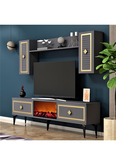 Nil Şömineli Tv Ünitesi Antrasit-altın
