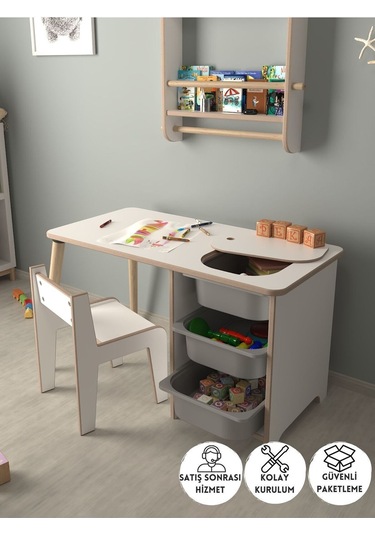Çocuk Oyun Ve Aktivite Masası - 1 Sandalye - Gri Sepetli Beyaz-gri Beyaz - Gri