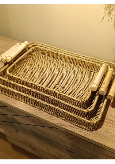Hasır Rattan Sunum Tepsi 3'lü Organizer Bambu Kulplu Dikdörtgen Diğer