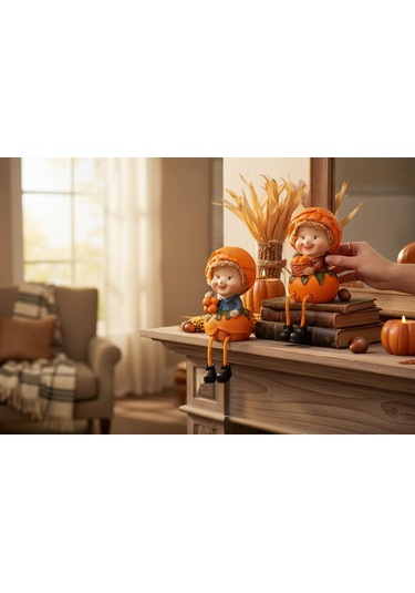 Ayakları Sallanan Portakal Kızlar Figürlü 2'li Biblo Seti Dekoratif Obje Hediyelik 24 Cm. Büyük Boy