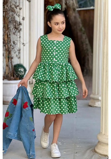 Riccotarz Kız Çocuk Çiçek Baskılı Kot Ceket Puantiyeli Kat Kat Piliseli Yeşil Elbise Yeşil
