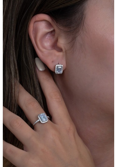 Gümüş Tek Taş Baget Set Kolye Yüzük J Küpe Wss12