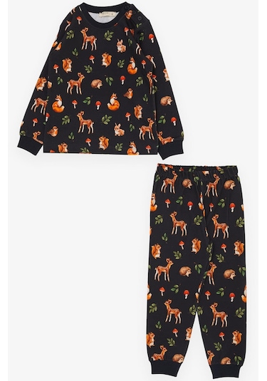 Breeze Kız Çocuk Pijama Takımı Orman Temalı Sevimli Hayvancıklar Desenli 1-4 Yaş, Antrasit-antrasit Antrasit