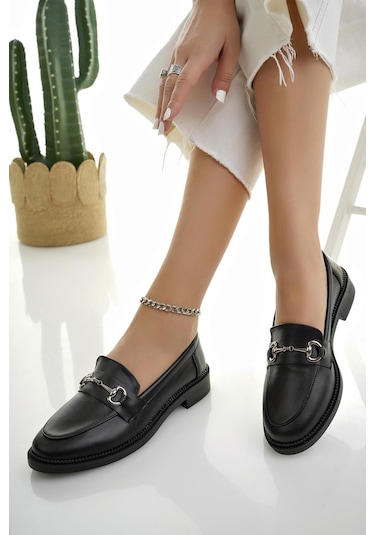 Muggo Sussie Garantili Metal Tokalı Kadın Loafer Günlük Ayakkabı Siyah
