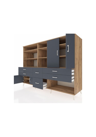 Kronos Dolap 10 Raflı 6 Çekmeceli 4 Kapaklı 220x59x163 Çam-antras Çam-antrasit