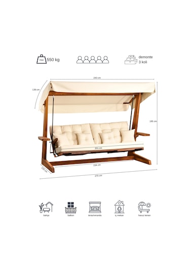 Luna Deluxe 2600 Iroko Beş Kişilik Ahşap Bahçe Salıncağı Krem