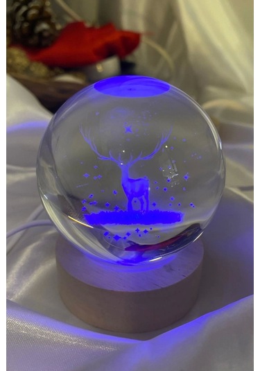 3d Led Işık Cam Küre Çok Işıklı Ahşap Geyik 7 Cm