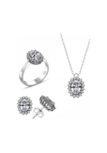 Sertifikalı Swarovski Oval Kesim Tek Taş 925 Gümüş Set