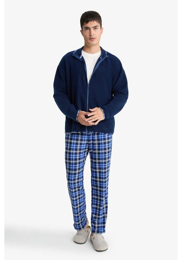 Defacto Regular Fit Cepli Polar Kareli Pijama Altı G2730ax25wnbe514 Mavi