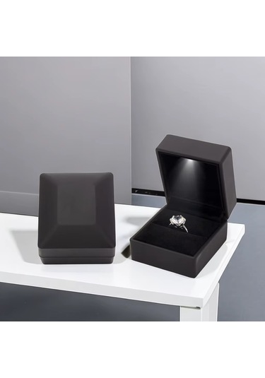Kangvka Siyah Mat Lacivert Led Işıklı Yüzük Kutusu - Gizli Menteşeli 6.3x5.8x5 Cm Siyah