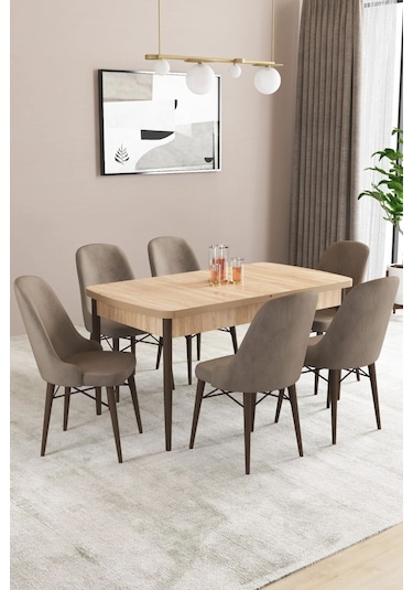 Sar Pakete Almira Serisi, Meşe Desen 80x132 Açılabilir Mdf Mutfak Masası Takımı 6 Adet Sandalye Cappucino