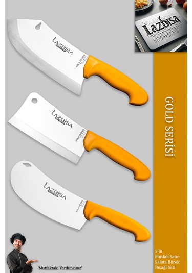 Lazbisa Mft-002 Gold Serisi Pide Börek Mutfak Bıçağı Salata Pizza Bıçak Kıyma Et Satırı Doğrama 3 Lü Set Sarı