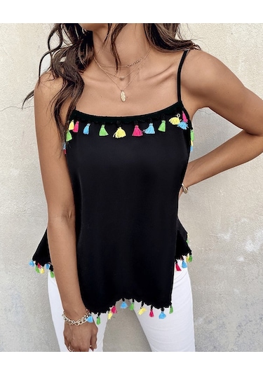 Leyla Sanat Sanata Yeni Bir Bakış Açısı Kadın Ip Askılı Püskül Detaylı Sandy Bluz Siyah