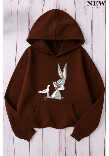 Tavşan Baskılı Sweatshirt Kahverengi